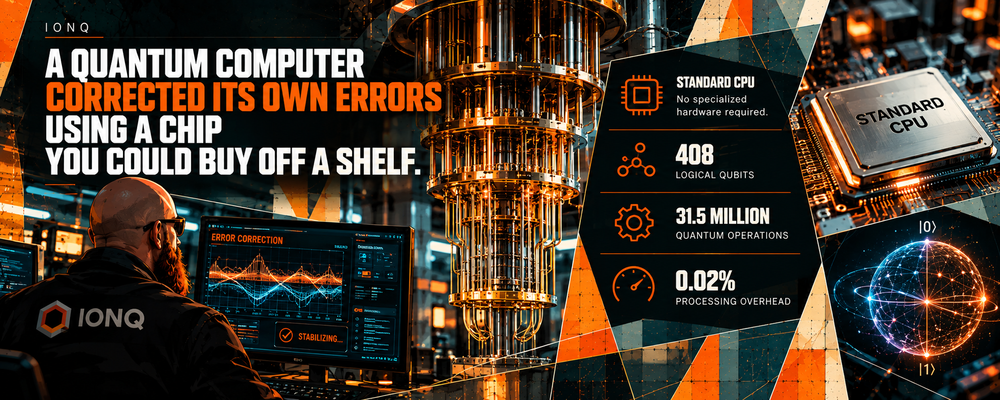IonQ quantum computing graphic showing real-time error correction on a standard CPU.